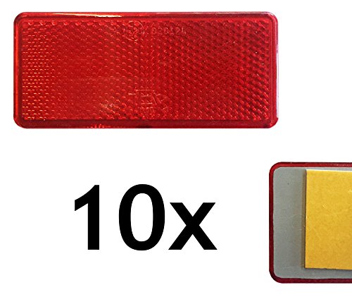 10 x Catarifrangente rettangolare, rosso, 90 x 40 mm, radiatore laterale autoadesivo con riflettore con marchio di omologazione E