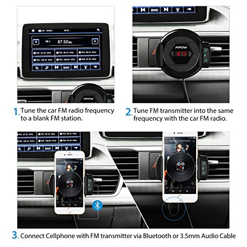 [2-In-1] FM Trasmettitore Bluetooth 4.1+ Air Vent Mount Cellulare Supporto, Mpow Trasmettitore FM da Auto con Microfono Incorporato 3.5mm Cavo Audio ,FM Trasmettitore Car Kit Per Musica e Chiamate in Vivavoce
