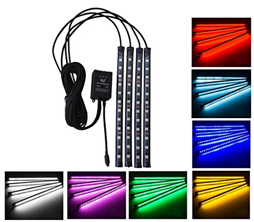 4 in1 per interni auto RGB LED, 12 LED 8 colori RGB decorazione ambiente Underdash luci con musica Sound active Function e telecomando IR