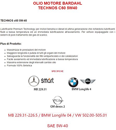 4lt OLIO MOTORE AUTO BARDAHL 5W40 TECHNOS C60 EXCEED mSAPS POLAR PLUS API SN-CF