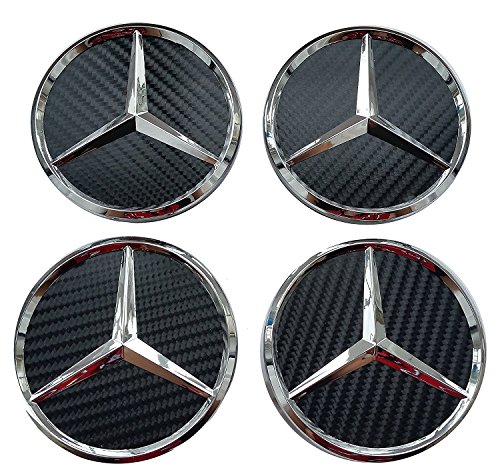 4x Tappi Coprimozzo Logo Mercedes Benz Nero Fibra di Carbonio da 75mm - CLASSE A B C E CLK GL M ML SLK - per Borchie Cerchi Lega