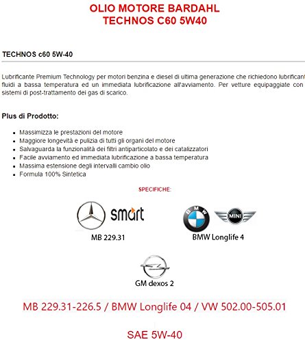 5lt LITRI OLIO MOTORE AUTO BARDAHL 5W40 TECHNOS C60 mSAPS POLAR PLUS VW 502.00