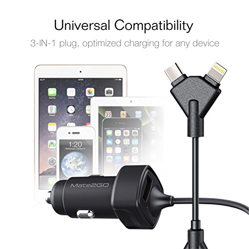 Adattatore caricabatteria da auto 3 in 1 ultra USB con connettore tipo C, lightning e micro USB per iPhone/Galaxy maggior parte di smartphone