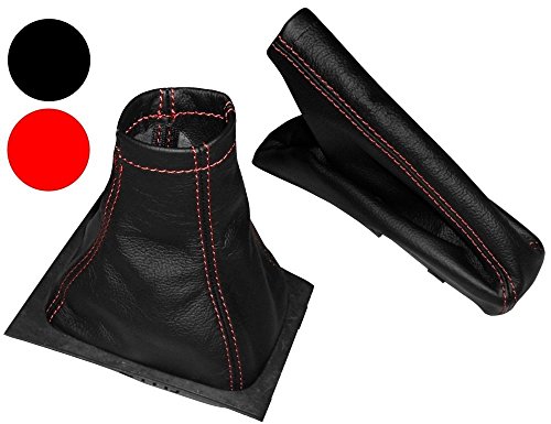Aerzetix - Set di cuffia per leva cambio e freni a mano di 100% vera pelle nera con cuciture rosso .