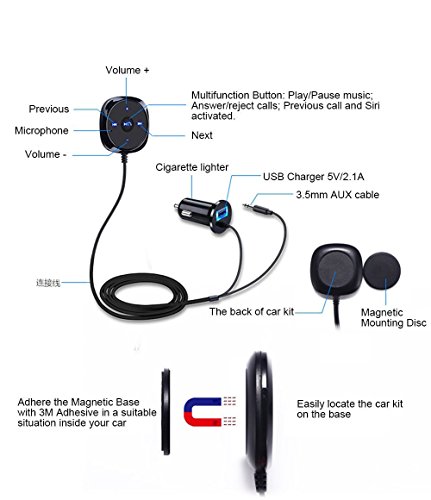 AMANKA Bluetooth Kit Ricevitore, Auto Portatile Car Audio Ricevitore Bluetooth Car Audio Stereo con Cavo Audio 3.5mm e Isolatore Rumore Le mani Telefono Vivavoce con una Porta USB 2.1A Caricatore da Auto Monti Magnetici (Nero)