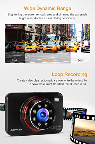 APEMAN Telecamera per Auto Dash Cam 1080P Full HD Auto Video Recorder Obiettivo Grandangolare di 170 Gradi con Lente con Rilevatore 3 Pollici HD Display di Movimento, G-Sensor