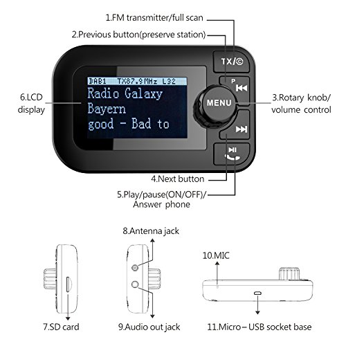 Aresh per trasmettitore Bluetooth FM DAB / DAB + Radio Bluetooth (digitale Crystal Sound, grande schermo LCD 2,3, caricabatteria doppia USB da 5V 2.1A / 1.0A, chiamata vivavoce) Adattatore audio DAB e FM in auto con Bluetooth