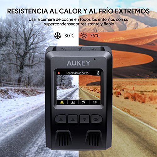 AUKEY Dash Cam Telecamera per Auto 1080p, Obiettivo Grandangolare di 170 Gradi, Visione Notturna, Rilevatore di Movimento, Registrazione in Loop, G-Sensor e 1,5" Schermo LCD