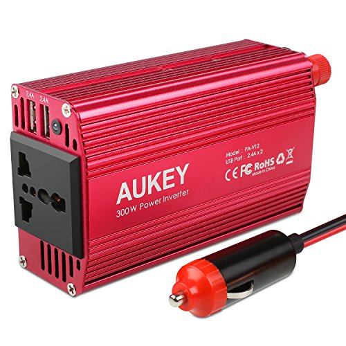Aukey Inverter di alimentazione 300 W 12 V a 230 V, con 1 uscita AC e 2 porte USB 2,4 A per portatile, fotocamere digitali, tablet, smartphone, portatili e altri elettrodomestici