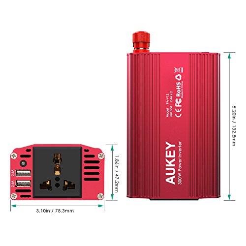 Aukey Inverter di alimentazione 300 W 12 V a 230 V, con 1 uscita AC e 2 porte USB 2,4 A per portatile, fotocamere digitali, tablet, smartphone, portatili e altri elettrodomestici