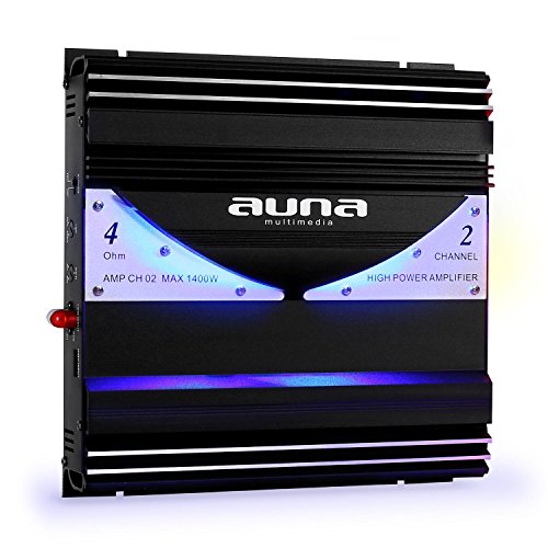 auna AMP-CH02 amplificatore per auto (1400 Watt/190 Watt RMS, 2 canali, illuminazione a LED, ingressi di alto e basso livello, telaio a bassa risonanza) - nero