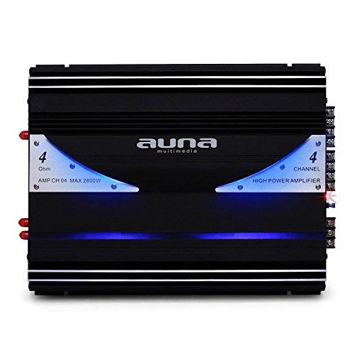 auna AMP-CH04 amplificatore per auto (2800 Watt/380 Watt RMS, 4 canali, illuminazione a LED, ingressi di alto e basso livello, telaio a bassa risonanza) - nero