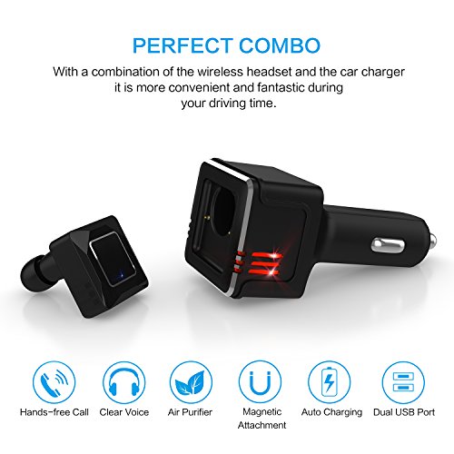 Auricolare Bluetooth auto, Gogo Roadless 3-in-1 doppia porta USB caricabatteria wireless Bluetooth Headset con Quick Charge 3.0 cancellazione del rumore auricolari vivavoce purificatore d