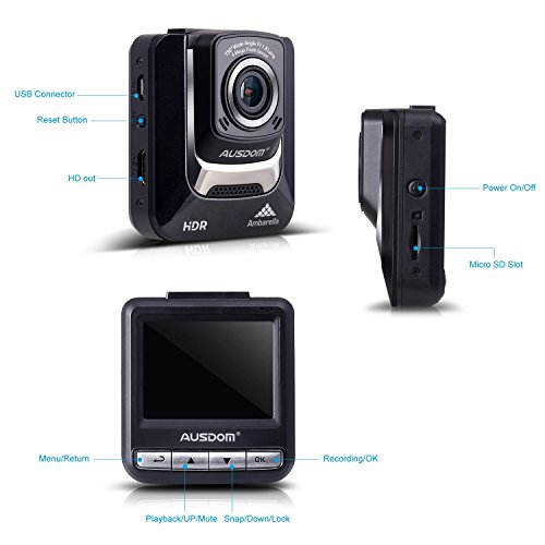 Ausdom AD282 Telecamera Car Registrazione loop 1296p 1080p Full HD, Micro SD card da 16 GB , G-Sensor per rilevamento incidenti, registrazione sorveglianza parcheggio, Videocamera per Auto (AD282)