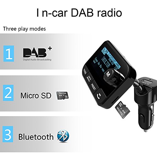 Auto DAB+ Radio Digitale Adattatore con Portatile DAB+ Radio Tuner/Trasmettitore FM/Bluetooth Car Kit MP3 Music Ricevitore/3.5mm AUX Out/2.3’ LCD Display/Caricabatteria per Auto/SD Card/Antenna Attiva