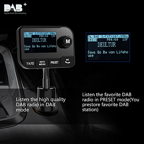 Auto DAB+ Radio Digitale Adattatore con Portatile DAB+ Radio Tuner/Trasmettitore FM/Bluetooth Car Kit MP3 Music Ricevitore/3.5mm AUX Out/2.3’ LCD Display/Caricabatteria per Auto/SD Card/Antenna Attiva
