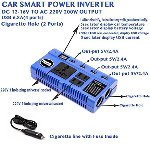 Auto Inverter/200 W Inverter dc/ac 12 V a 220 V/presa e USB di ricarica/Display digitale con tensione e temperatura