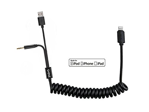 Auto Music Interface, BMW iPhone 7 8 y cavo Lightning di ricarica, cavo a spirale 3.5 mm audio Jack Aux e USB caricabatteria in lead- 6.7 piedi (2 meters) Lunghezza