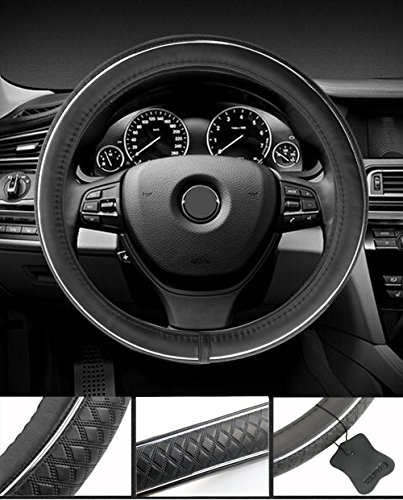 Automotive Steering Wheel cover di dimensioni standard 14.5 ~ 38,1 cm Universal Fit auto camion SUV in pelle antiscivolo guanto Wheel Protector, traspirante, odor-free, Speed Grip (nero con argento linea)
