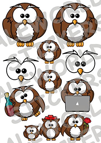AWS Set 9 stickers Gufi gufetti simpatici impermeabili per auto moto adesivi vinile gufi simpatici funny owl porta fortuna (29,7_x_21_cm)