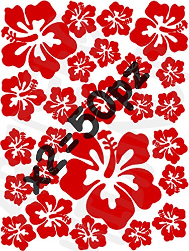 AWS Stickers Multipack da 50 Fiori Ibisco Hibiscus colore ROSSO auto moto Adesivi impermeabili Vinile prespaziato senza sfondo Vinyl car tuning custom car Red flowers (Rosso)