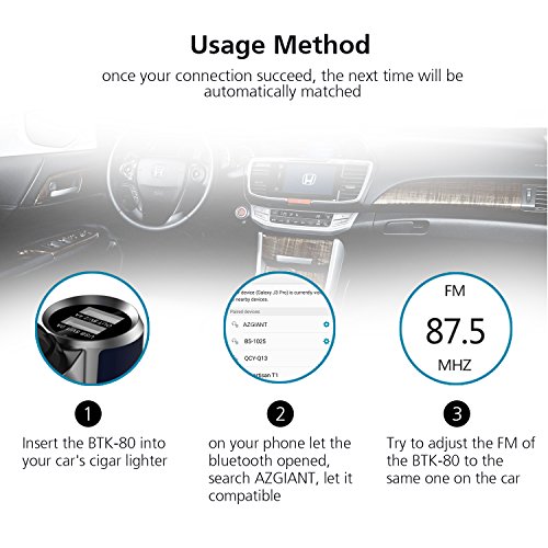 Azgiant Bluetooth trasmettitore FM rotazione di 360 Dual USB Car charger auto kit vivavoce lettore MP3 senza fili radio audio compatibile con display LCD da 3,6 cm per iPhone, colore blu scuro