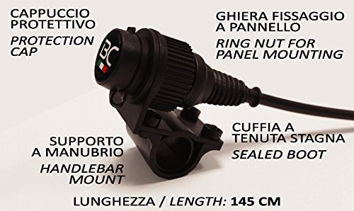 BC Battery Controller 710-P12A - Presa accendisigari 12V a tenuta stagna con supporto universale per manubrio moto (22,2 / 25,4 / 28,6 mm) - Lunghezza: 145 cm - Made in Italy