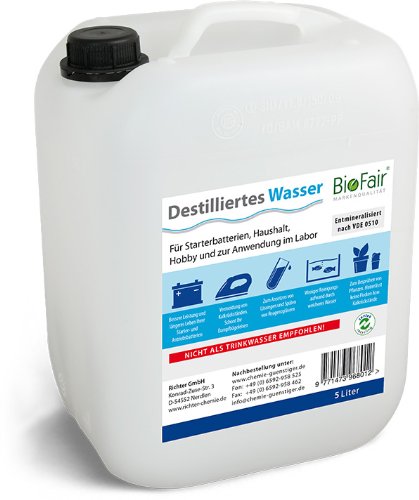 BioFair®, acqua demineralizzata (25 l) conforme VDE 0510, 5 taniche da 5 l ciascuna (acqua distillata)