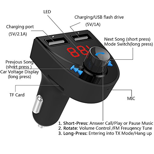 Bluetooth Trasmettitore FM Autoradio Adattatore, Kit Vivavoce Ricevitore Musicale MP3 Bluetooth, Trasmettitore Bluetooth Auto con Caricatore USB/SD Card/Disco USB/Rilevamento Tensione/Riduzione Rumore