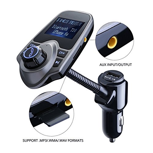 Bluetooth trasmettitore FM, Koiiko kit auto lettore MP3 wireless radio adattatore per auto con caricabatteria USB 3,7 cm con display e 5 V/2.1 A nero