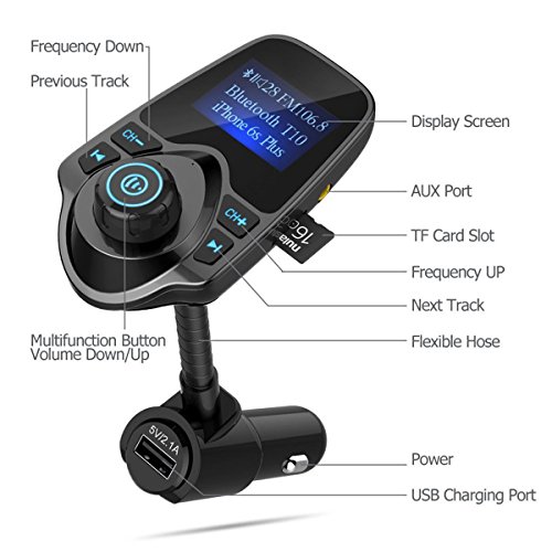 Bluetooth trasmettitore FM, Koiiko kit auto lettore MP3 wireless radio adattatore per auto con caricabatteria USB 3,7 cm con display e 5 V/2.1 A nero