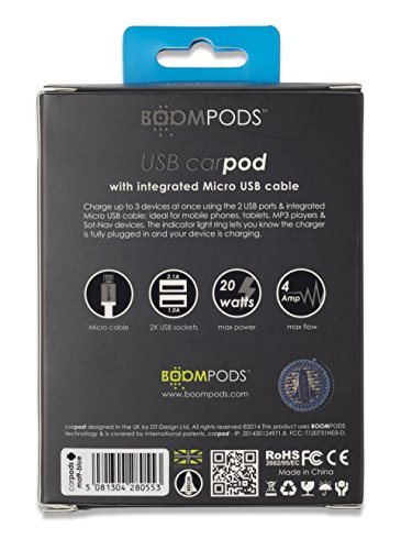 Boompods Carpod Caricabatterie da auto 2 porte USB, 20W, 4.0 Amp, Cavo Micro USB incluso, Ideale per Smartphone/Tablet/Lettori MP3 e Dispositivi Sat-Nav, Arancio