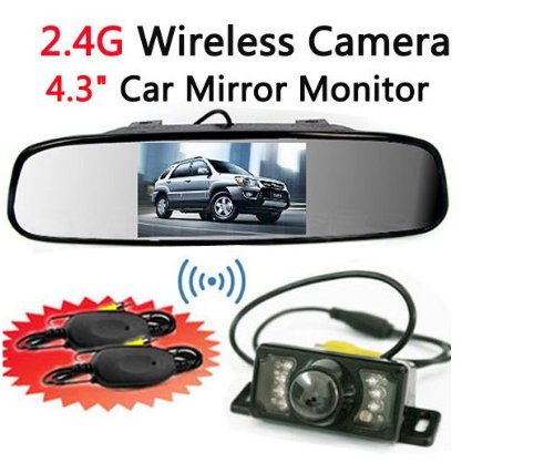BW® - Specchietto retrovisore da auto, wireless, con sensori parcheggio e sistema di videocamera notturna, LCD, 4,3"