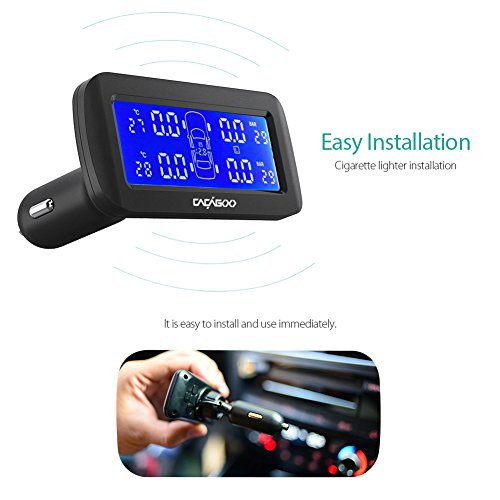CACAGOO TPMS Sistema Monitor Pressione Pneumatico da Auto Senza Fili CR1632 Batteries Funzione di Allarme con Display LCD 4 Sensori Esterni Selezione unità BAR PSI Nero