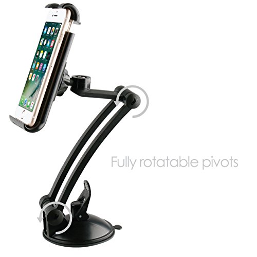 Car Phone Mount, Desire2 View Windscreen Car Phone 30 mm Long Arm Holder Grip Flex Multi Adjusting Universal Windshield Car Mount / Car Cradle with New Technology Secure Dual Suction Dashboard or Windscreen Base for Tablets to 10 inch, Smartphones ipad, ipad mini, Galaxy Tab, iPhone 7, 7 plus, 6s Plus 6s 5 5c 5s, Samsung S8 S7 S6 S5 Note 5 4, HTC, Sony, LG