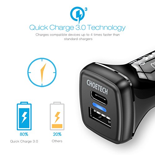 Caricabatterie Auto Quick Charge 3.0 33W, CHOETECH 2 Porte [USB C + USB 3.0] con QC 3.0 per iPhone X, iPhone 8/ 8 Plus, Samsung Galaxy Phone, iPad, Smartphone, Huawei, LG, Nexus, etc.