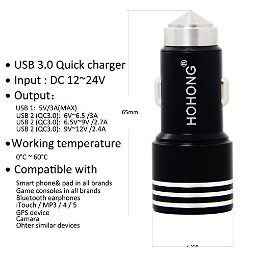 Caricabatterie Auto Universale Quick Charge 3.0 Nero, HOHONG® Dual USB Caricabatterie Auto 43.8W / DC 12V~24V per iPhone X / 8 / 7 / 6s Plus / iPad 2/ 3/ 4 mini, Samsung Galaxy S9 / S8 / Tabs / Watch, HTC / Google Nexus / Sony / Huawei Smartphone (Tablet)