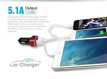 Caricatore/caricabatterie da auto 3 porte USB Highspeed 5.1A con output 2.1A (iPad) 2.0A (Android) 1.0A (iPhone...