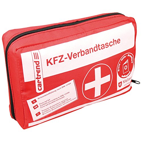 Cartrend 7730042 kit di primo soccorso rosso, DIN 13164, con misure di emergenza di primo soccorso maltesi