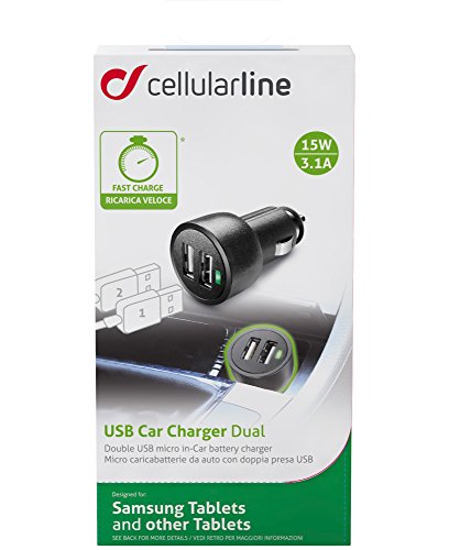 Cellularline MICROCBRUSBDUATAB Auto Black mobile device charger - Mobile Device Chargers (Auto, Universal, Cigar lighter, Overload, Short circuit, Black, 12 - 24)