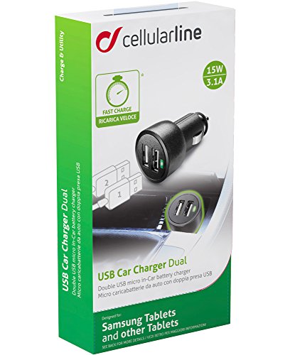 Cellularline MICROCBRUSBDUATAB Auto Black mobile device charger - Mobile Device Chargers (Auto, Universal, Cigar lighter, Overload, Short circuit, Black, 12 - 24)