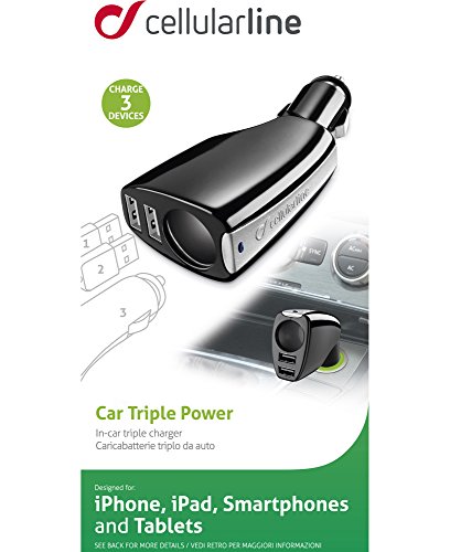 Cellularline TRIPLEPOWER Auto Black mobile device charger - Mobile Device Chargers (Auto, Smartphone, Tablet, Cigar lighter, Contact, Black, 12/24)