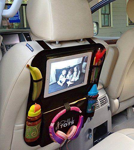 Chill Tots, portaoggetti sedile per auto con tasca per iPad/tablet da 10,1" touch screen, copertura protettiva per sedile con tappetino anti-imbrattamento, misura universale, vano contenitore multi tasche per bambini, nero