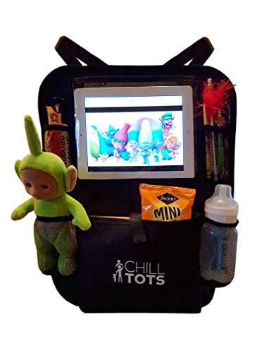 Chill Tots, portaoggetti sedile per auto con tasca per iPad/tablet da 10,1" touch screen, copertura protettiva per sedile con tappetino anti-imbrattamento, misura universale, vano contenitore multi tasche per bambini, nero