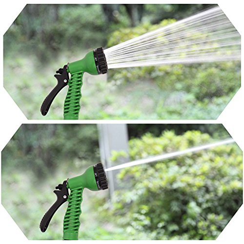 Codomoxo® - Tubo per irrigazione estensibile e retrattile, colore verde, da 50, 75, 100, 125, 150 piedi + Pistola a 7 getti + Punte di raccordo universali