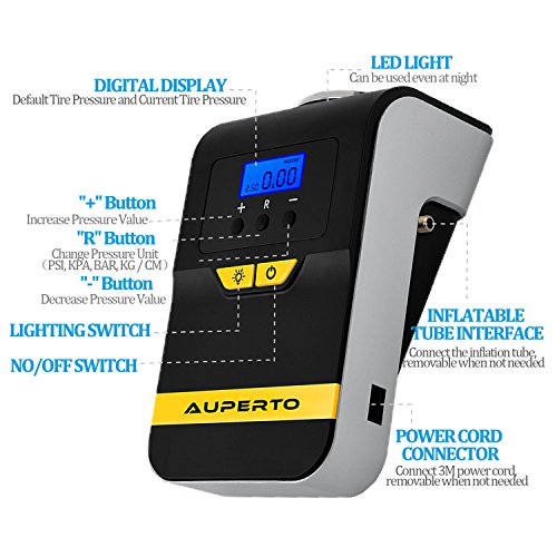 Compressore Aria portatile,AUPERTO 12V Digitale Auto Pompa Con Lampada a LED,3 Adattatori Di Valvola Adatto per Biciclette, Motocicli, Macchine Piccole e Medie