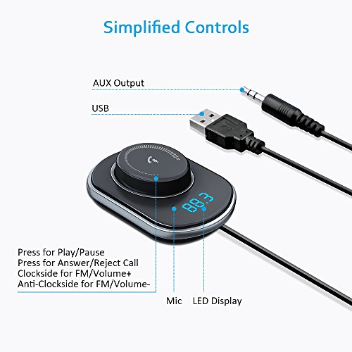 Comsoon Kit Vivavoce per Auto Bluetooth, Trasmettitore FM Bluetooth con Incorporato 3.5mm Cavo Audio Aux, Car Charger con Doppia Porta USB 5V / 2.1A per iPhone Samsung e Altri Smartphone  (Nero)