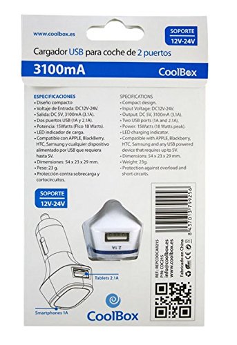 CoolBox CDC215 Auto White mobile device charger - Mobile Device Chargers (Auto, Smartphone, Tablet, Cigar lighter, RoHS, White, 12 - 24)