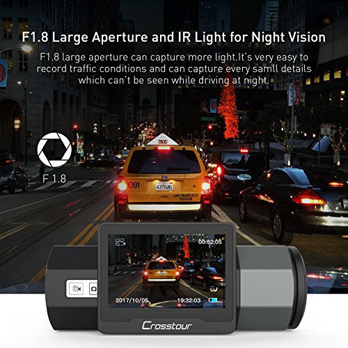 Dash Cam, Crosstour Telecamera per Auto 1080P FHD HDR Visione Notturna con Obiettivo Grandangolare di 170 Gradi e Sony Sensor