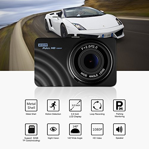 Dash Cam, telecamera da cruscotto auto OldShark, Full HD da 1080p con funzione di registrazione, obiettivo ad ampia visuale a 4 vie, telecamera da 3” con visione notturna, sensore G, registrazione a ciclo continuo, rilevazione di movimento, monitor di parcheggio